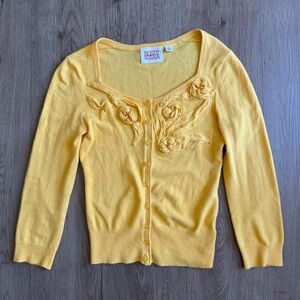 Rosie Neira Anthropologie Yellow Floral Knit Cardigan Cottagecore Size Small